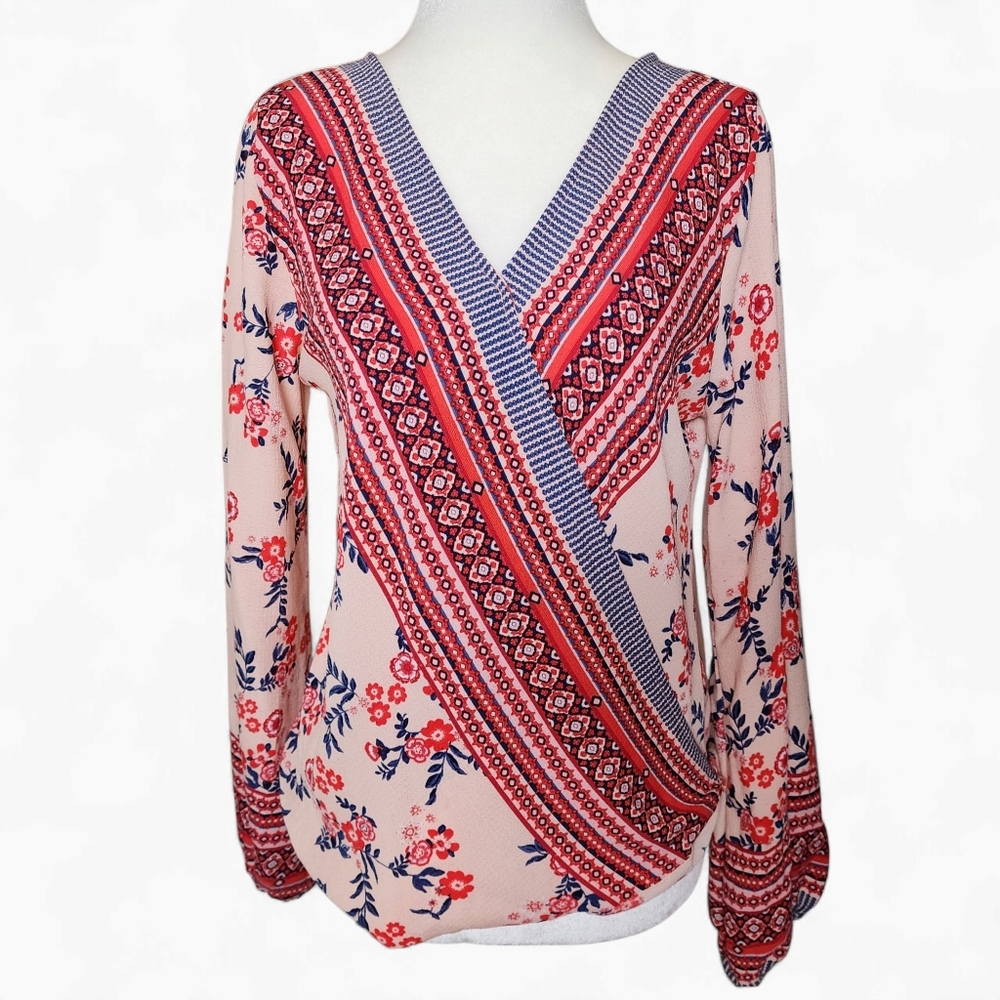 Jun & Ivy | Women's Pink, Blue Floral V-Neck Blouse with Red and Blue Patterns